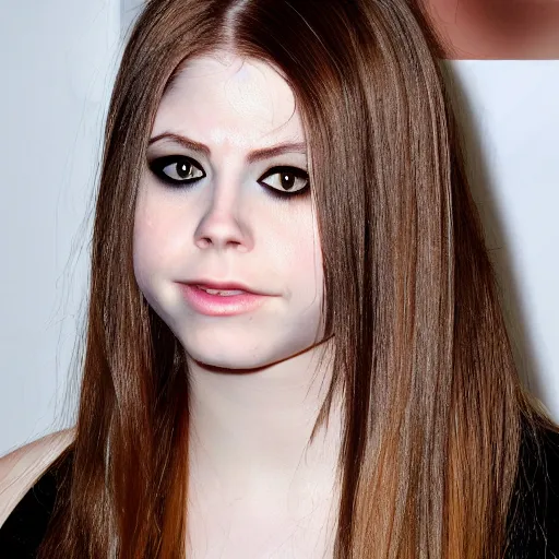 Image similar to semi - long light brunette, lop eared, black eye shadow, small nose, small mouth, triangle shaped face, avril lavigne face shape