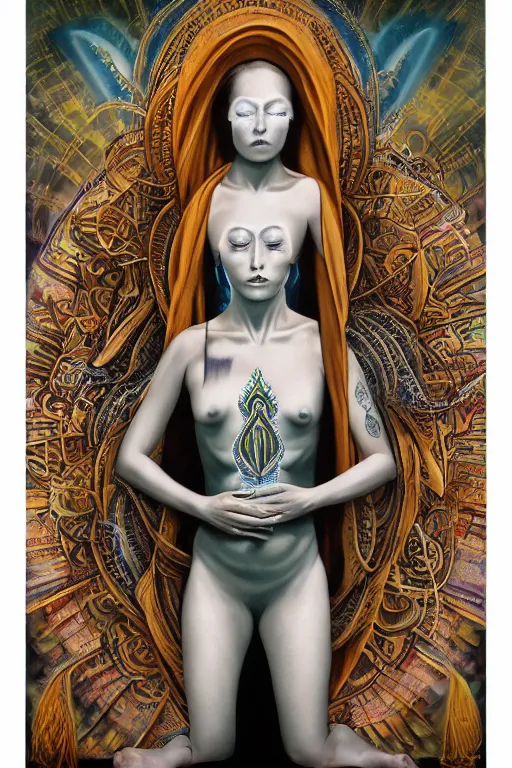 Prompt: transcendental meditation robed cult woman, tattoos, opening third eye, chakra energy waves resonating from her body, ethereal aura, epic surrealism 8k oil painting, portrait, perspective, high definition, post modernist layering, by Peter Kemp