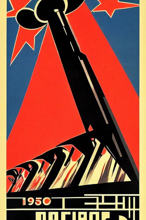 Image similar to ussr propaganda poster of 1 9 5 0 s nuclear war, futuristic design, dark, symmetrical, washed out color, centered, art deco, 1 9 5 0's futuristic, glowing highlights, intense