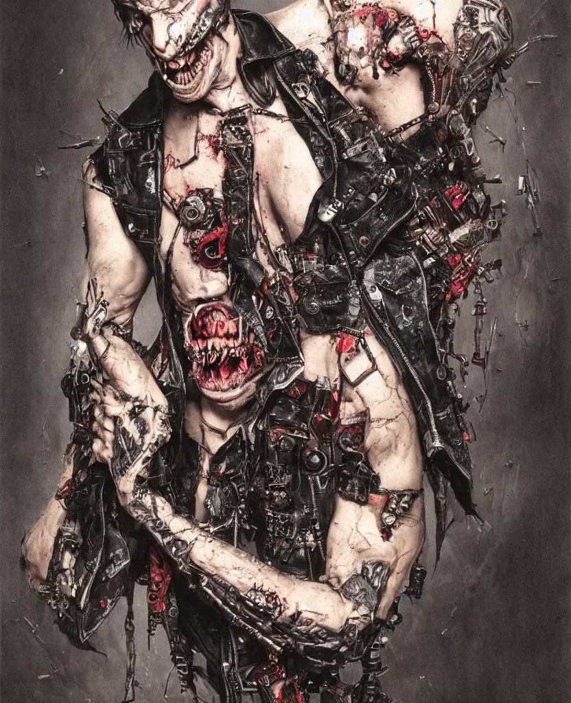 Image similar to a cyberpunk man in a punk battlevest opening his shirt to reveal a gaping maw embedded in his chest, artstation contest winner, dark art, gerald brom, michael hussar, gothic, body horror, cronenberg