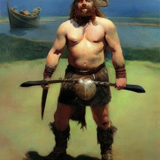 Prompt: full body realistic painting of viking barbarian, steve huston style newell convers wyeth