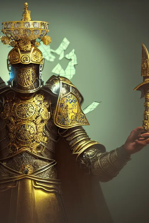 Prompt: hyperdetailed matte illustration of a knight wearing an ornate gold headpiece and holding a flower with a map of the collective subconscious in the background by octane render