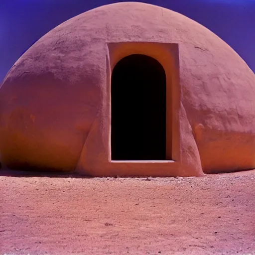 Image similar to a man sitting outside a Non-Euclidean orb-like clay house sitting in the desert, vintage photo, beautiful cinematography, blue sky, film grain, extreme wide shot, far away, James Turrell