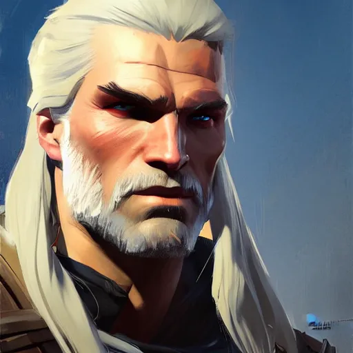 Image similar to Greg Manchess portrait painting of Geralt of Riva as Overwatch character, medium shot, asymmetrical, profile picture, Organic Painting, sunny day, Matte Painting, bold shapes, hard edges, street art, trending on artstation, by Huang Guangjian and Gil Elvgren and Sachin Teng