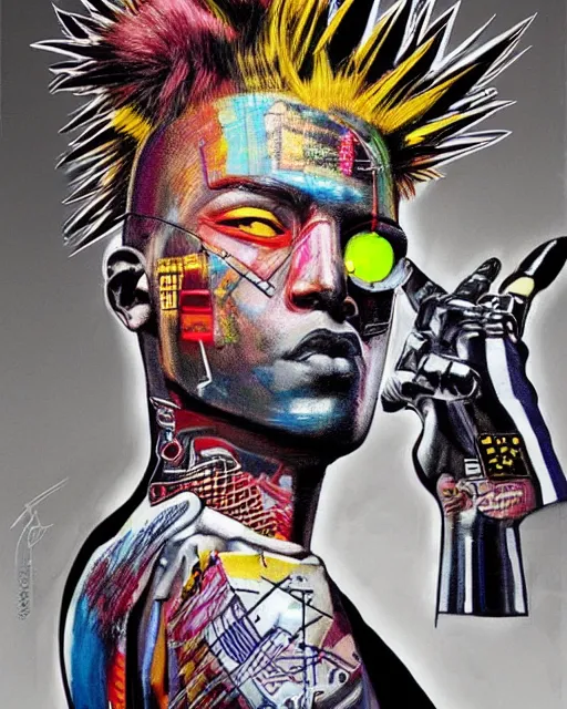 Prompt: a cyberpunk portrait of a punk rocker with mohawk by jean - michel basquiat, by hayao miyazaki by artgerm, highly detailed, sacred geometry, mathematics, snake, geometry, cyberpunk, vibrant, water