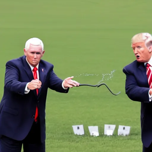 Image similar to mike pence and donald trump shoot lightning at each other, dark background, dramatic, award - winning,