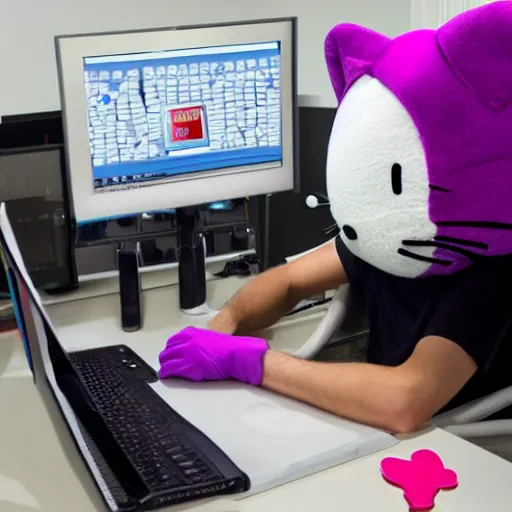 Image similar to Stock image of a burglar wearing a ski mask hacking into a Hello Kitty computer, funny, bizzare