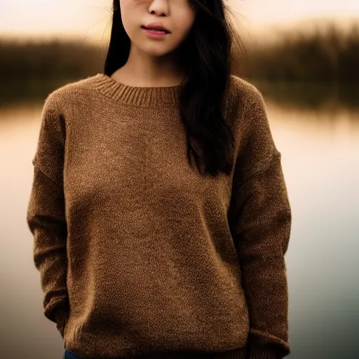 Prompt: real life photo of a beautiful girl, full body photoshoot, long black hair, brown eyes, full round face, short smile, brown sweater, lake setting, cinematic lightning, medium shot, mid - shot, highly detailed, trending on artstation, unreal engine 4 k, 8 0 mm, 8 5 mm, cinematic wallpaper