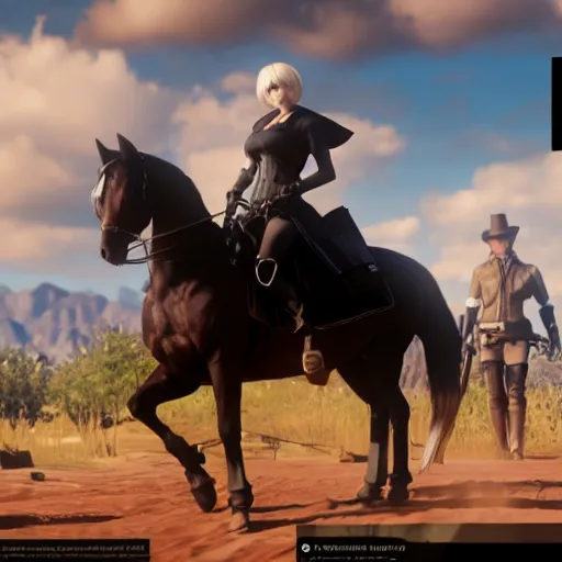 Image similar to Film still of 2B nier automata wearing skintight clothes riding a horse, from Red Dead Redemption 2 (2018 video game), trending on artstation, artstationHD, artstationHQ