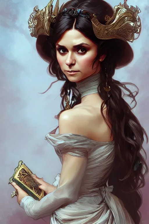 Image similar to Nina Dobrev dressed in a victorian fashion, D&D, fantasy, intricate, elegant, highly detailed, digital painting, artstation, concept art, matte, sharp focus, illustration, art by Artgerm and Greg Rutkowski and Alphonse Mucha