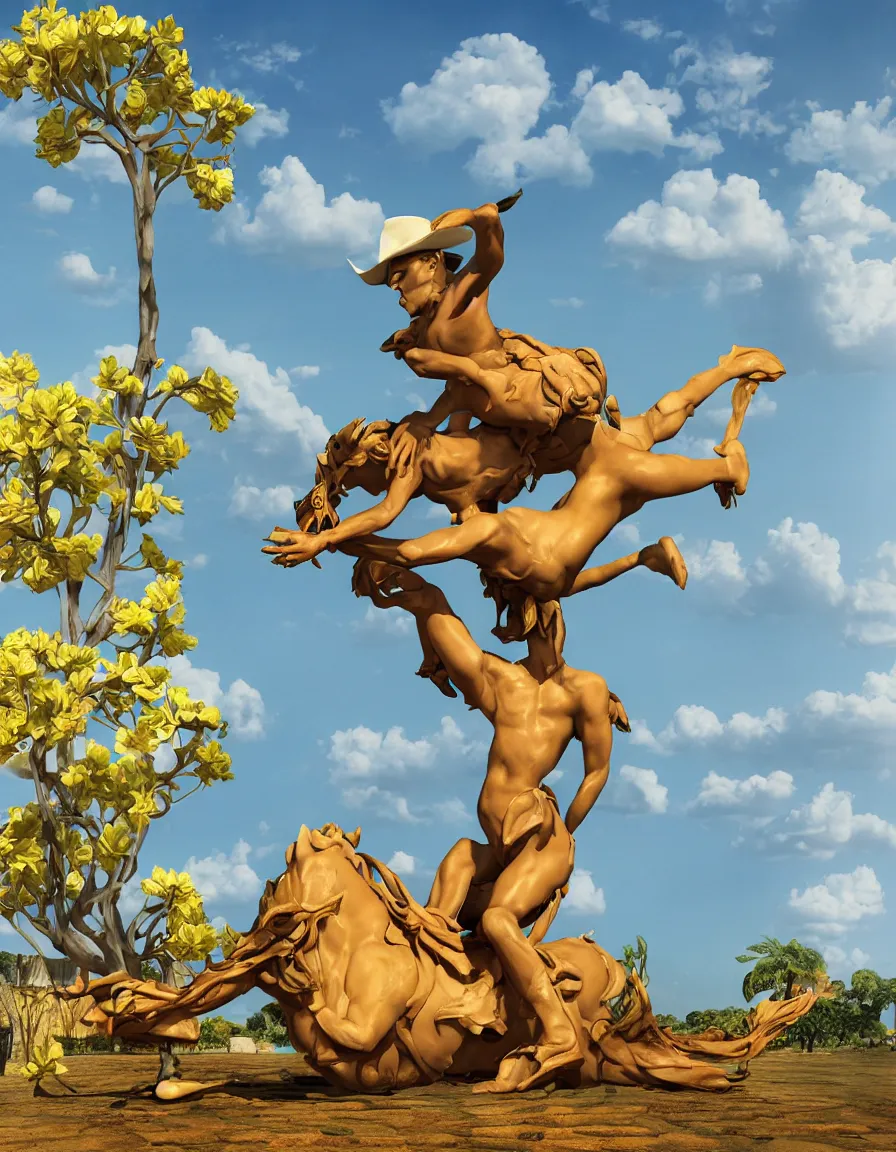 Image similar to a cowboy turning into blooms by slim aarons, by zhang kechun, by lynda benglis, by frank frazetta. tropical sea slugs, angular sharp tractor tires. bold complementary colors. warm soft volumetric light. 8 k, 3 d render in octane unreal engine. a manly cowboy riding petals sculpture by antonio canova. jade green and ochre