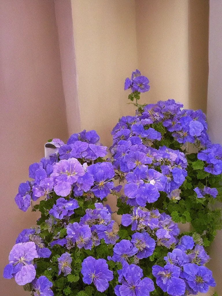 Prompt: well the telephone was ringing in a corridor of blue, a geranium came out of it reminded me of you