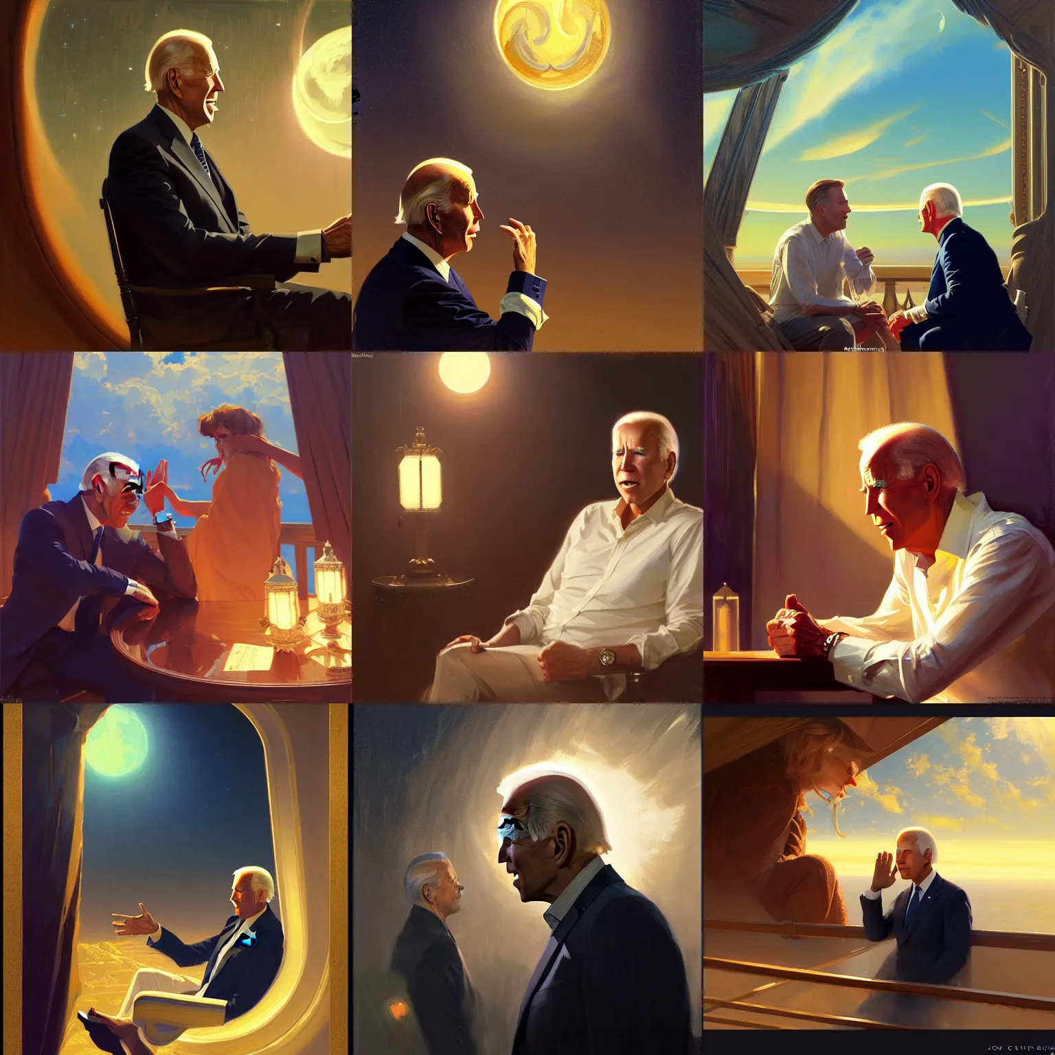 Prompt: curvature of space - time in the wind, fine details joe biden talking to satan. night setting. realistic shaded lighting poster by jc leyendecker, jeremy lipkin and michael garmash, rob rey and kentaro miura style, trending on art station