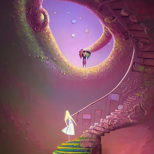 Prompt: a painting of a woman walking down a staircase, a surrealist painting by cyril rolando, cgsociety, psychedelic art, lovecraftian, surrealist, 3 d