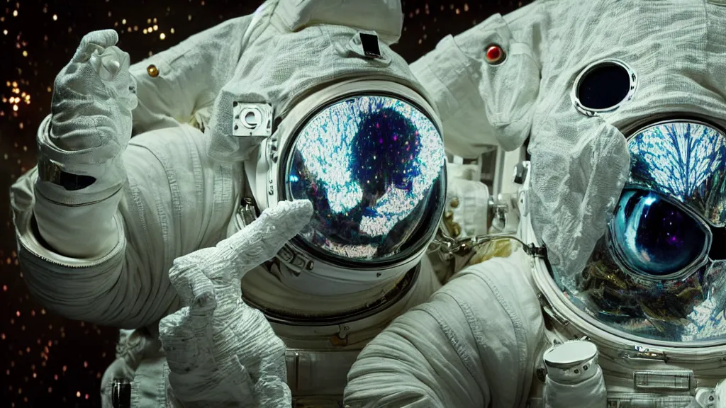 Image similar to a astronaut eva suit covered in diamond 3d fractal lace iridescent bubble 3d skin and covered with insectoid compound eye camera lenses floats through the living room, film still from the movie directed by Denis Villeneuve with art direction by Salvador Dalí, wide lens,