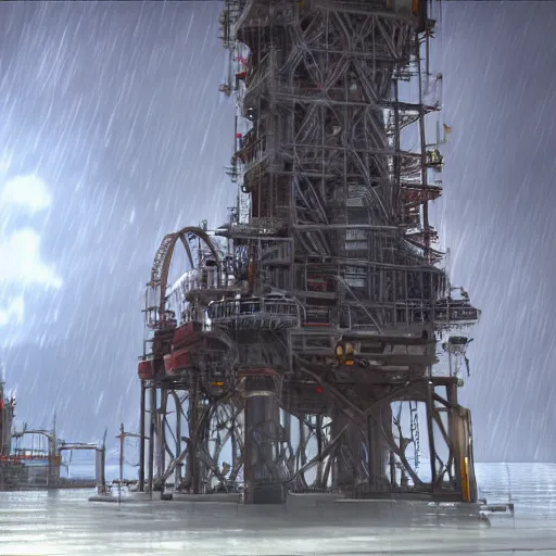 Prompt: A cathedral on an oilrig in the midst of a hurricane, concept art 4k hd unreal engine,