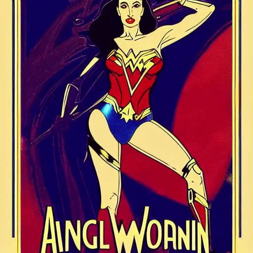 Image similar to angelina jolie as wonder woman, mucha style, symetrical art deco poster illustration highly detailed,
