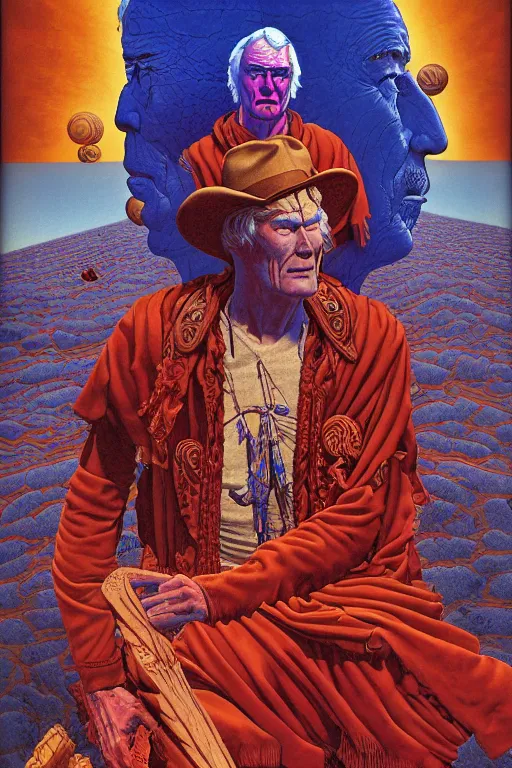 Prompt: an awesome jean giraud and richard corben work of art of timothy leary in the style of a renaissance masters portrait, mystical and new age symbolism and tibetan book of the dead imagery, intricately detailed, 4 k