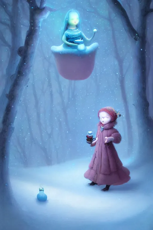 Image similar to a surreal Bioluminescent, very very very cute Winter Maiden in a happy world by Daniel Merriam, Trending on Artstation, oil on Canvas by Elena Zhurikhina and Goro Fujita and Charlie Bowater, octane render, 4k, 8k, HD