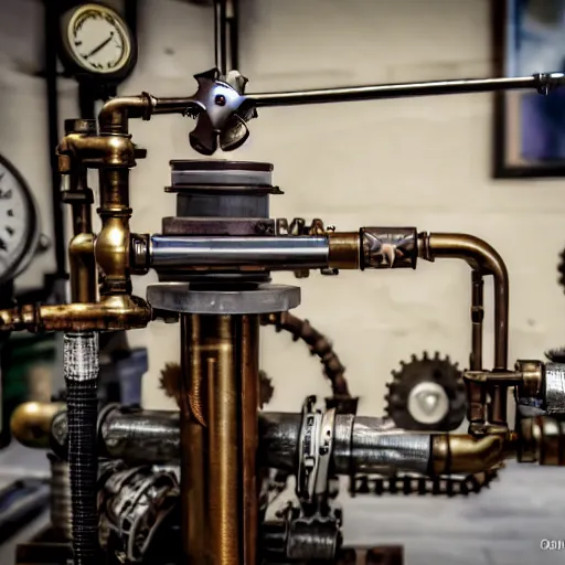 Image similar to A random pointless contraption ((steampunk)) industrial appliance pneumatic machine with no apparent purpose, being operated by a scholarly looking man with a clear directed gaze, XF IQ4, f/1.4, ISO 200, 1/160s, 8K, RAW, unedited, symmetrical balance, in-frame