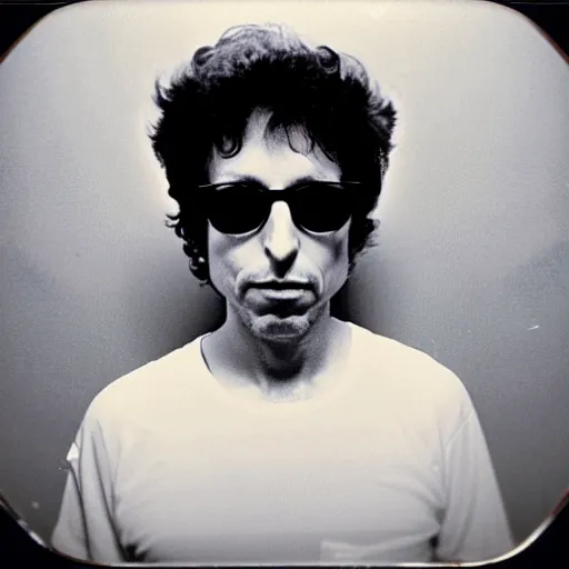 Image similar to Mugshot Portrait of Bob Dylan with stunna shades and a high top fade, taken in the 1970s, photo taken on a 1970s polaroid camera, grainy, real life, hyperrealistic, ultra realistic, realistic, highly detailed, epic, HD quality, 8k resolution, body and headshot, film still, front facing, front view, headshot and bodyshot, detailed face, very detailed face