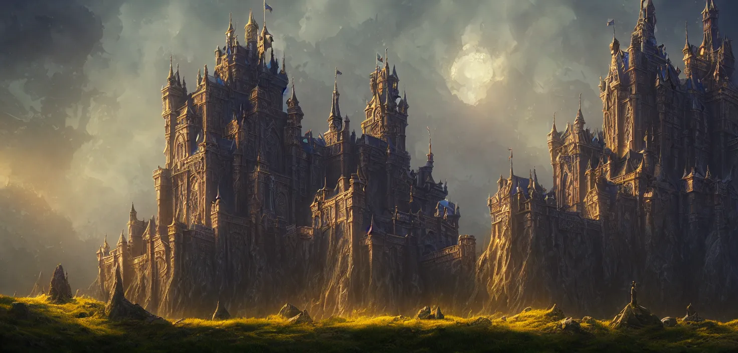 Prompt: an imposing and highly ornamented fantasy castle, carved from sapphire stone, cinematic view, detailed, concept art, low angle, high detail, warm lighting, volumetric, godrays, vivid, beautiful, trending on artstation, by jordan grimmer, huge scene, grass, art greg rutkowski