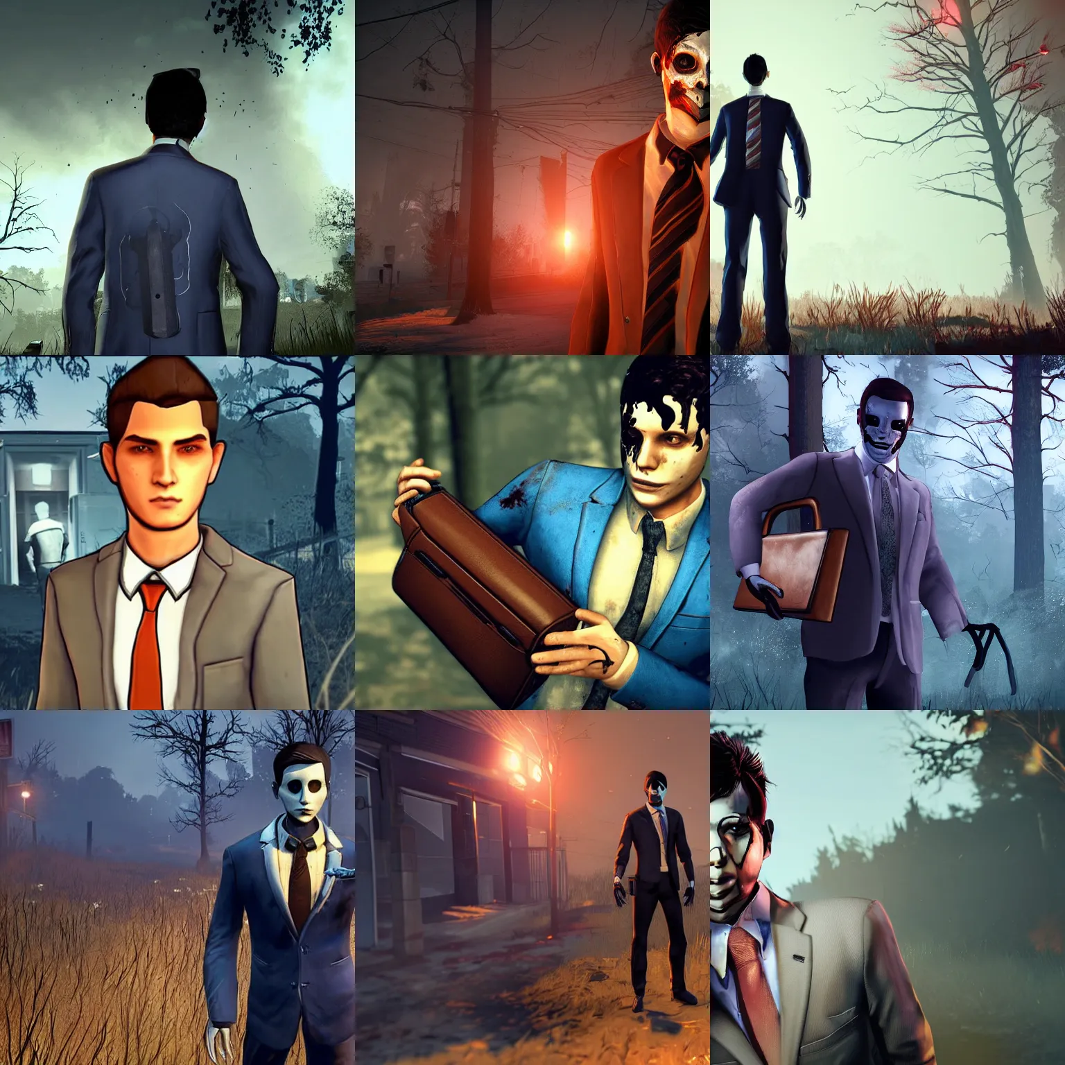 Prompt: man in his 20s with short brown hair wearing a blue business suit, holding a briefcase as a killer on Dead by Daylight