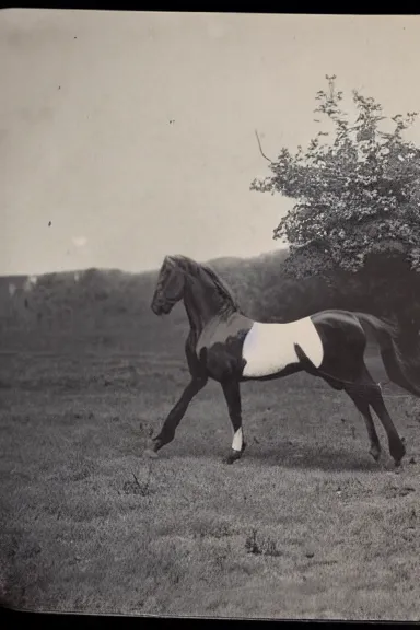 Prompt: an 1800s photo taken from a distance of a horse on top of a tree