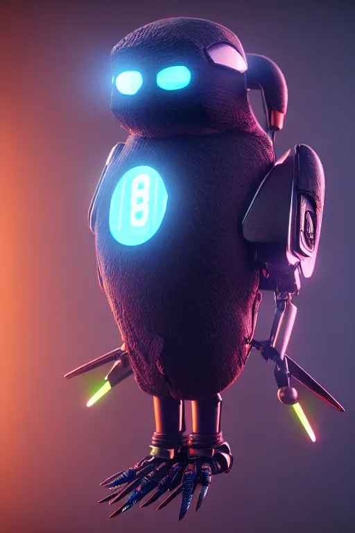 Image similar to high quality 3 d render very cute cyborg crow! incorporated speakers!, cyberpunk highly detailed, unreal engine cinematic smooth, in the style of blade runner & detective pikachu, hannah yata charlie immer, moody light, low angle, uhd 8 k, sharp focus