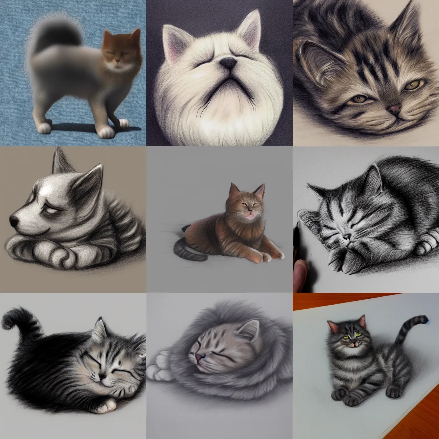 Prompt: cat sleeping, dog sleeping, puppy, cute drawing, trending on Artstation, concept art, realistic, volumetric fur