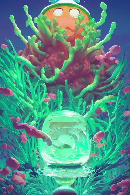 Image similar to roots cactus sushi cristal smurf ghost creature animal sushi cristal very big eye roots cactus elemental flush of force nature micro world fluo fishscale, behance hd by jesper ejsing, by rhads, makoto shinkai and lois van baarle, ilya kuvshinov, rossdraws radiating a glowing aura global illumination ray tracing hdr