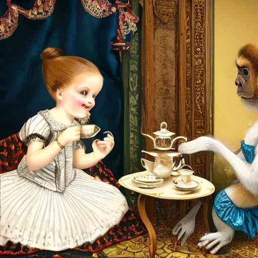 Prompt: beautiful victorian girl child is having tea with an anthropomorphic monkey wearing a dress, renaissance beauty, victorian gothic decor highly detailed 8k