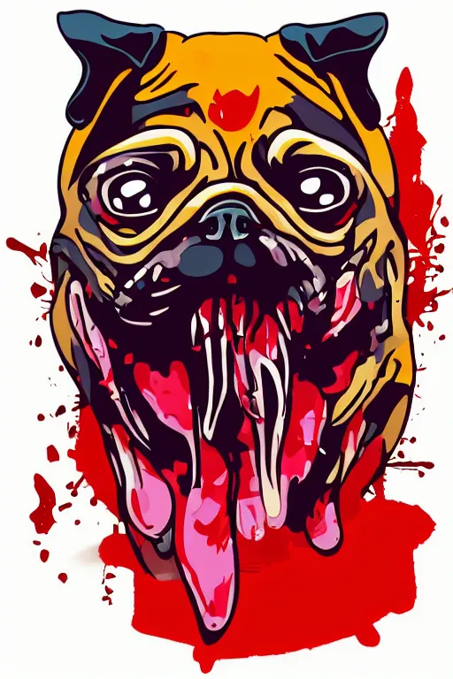 Image similar to Evil pug, the devil, sticker, blood thirsty, blood, evil, colorful, illustration, highly detailed, simple, smooth and clean vector curves, no jagged lines, vector art, smooth