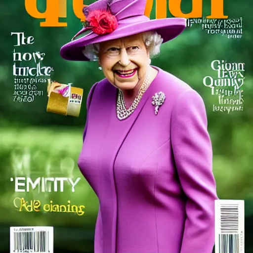 Prompt: the queen of england grinning rudely and saying fuck you in a magazine cover photo. highly detailed hands