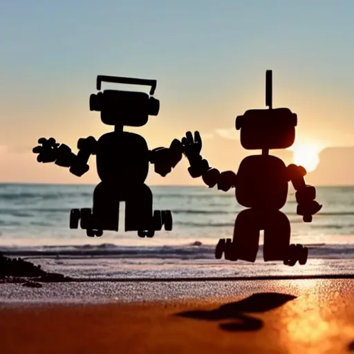 Prompt: cute tiny robots holding hands taking a stroll on the beach golden hour with lots of cute hearts floating in the air at sunset