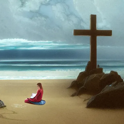 Prompt: a highly detailed vector render of a large cross standing on the beach as a storm comes in with the tide, woman sitting in the sand watching the ocean, epic fantasy, god rays, rocky beach, aerial photography, volumetric lighting, octane render, exquisite detail, 8 k, art by hayao miyazaki and albert bierstadt and alphonse mucha