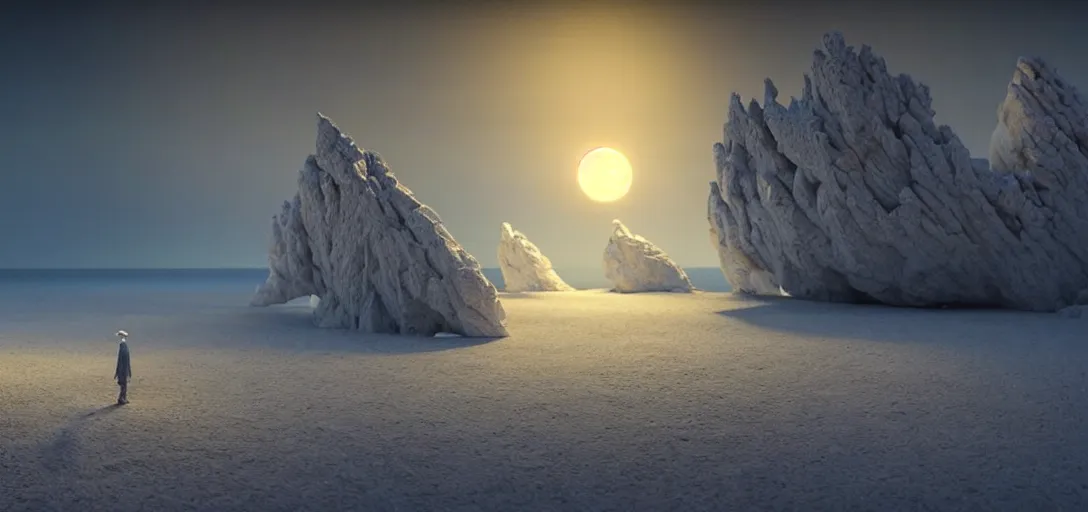 Image similar to octane render uhd, filmic lighting, cinematic art shot, hyperrealistic, hyperdetailed, super detailed, 8 k, high resolution, sandy white moon landscape, white rocks made of bone, 8 k uhd matte painting by ross tran and ivan aivazovsky, mega high white mountain, midnight