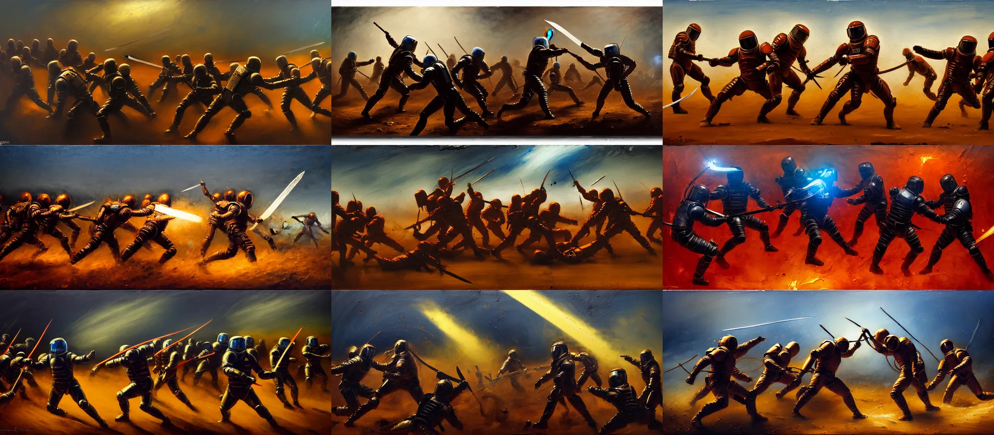 Prompt: battle scene, astronaut - legionaries sword fighting, lorica segmentata, luminism, tonalism, dramatic lighting, action scene, palette knife, frenetic brushwork, chiaroscuro, figurative art, detailed, proportions, spatter, dust, atmospheric, volumetric lighting, red iron oxide, raw sienna, cerulean blue