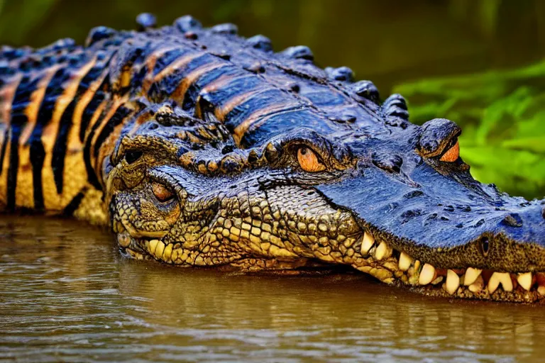 Image similar to an alligator tiger!!! hybrid! hyper realistic!! realistic lighting!! wildlife photographer of the year!!! bold natural colors, national geographic, hd, wide angle, 8 k