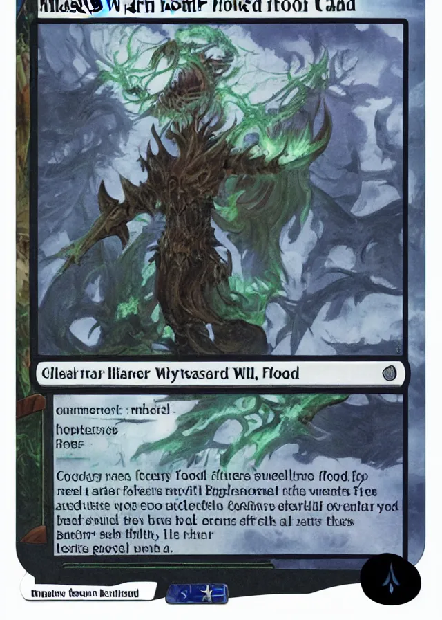 Prompt: flood warden. magic the gathering card. full mtg card