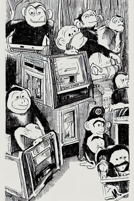 Image similar to an illustration of monkeys watching tv in the style of goodnight moon by margaret wise brown