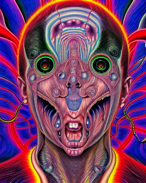 Image similar to human spirit breaking away from the body, conjuring psychedelic background, part by shintaro kago, part by alex gray, ross tran, james jean, ultra realistic, highly detailed, 8 k, trending on artstation, symmetry