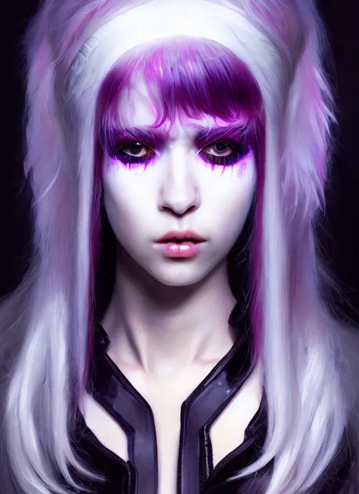 Image similar to hair whitebangs hair, black cyberlox, portrait of normal teenage girl, white bangs, messy bangs, fluffy bangs, cyberlox, whitebangs, red contact lenses, purple background, intricate, elegant, highly detailed, digital painting, artstation, concept art, sharp focus, smooth, illustration, art by wlop, mars ravelo and greg rutkowski