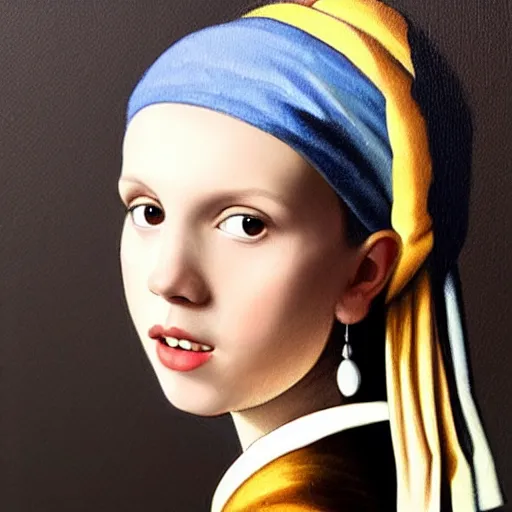 Prompt: Painting of Millie Bobby Brown with the pearl earring by Johannes Vermeer