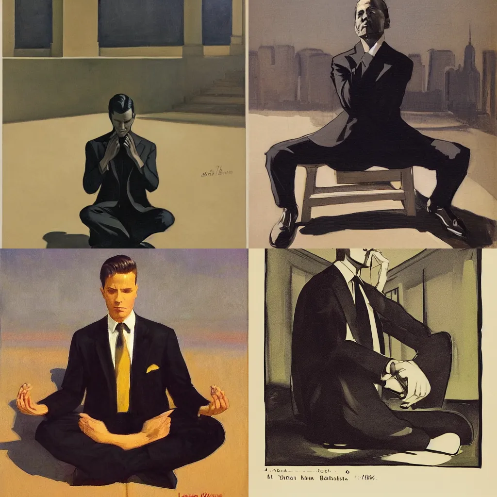 Prompt: man in black suit, meditating pose, new york buildings, leyendecker style