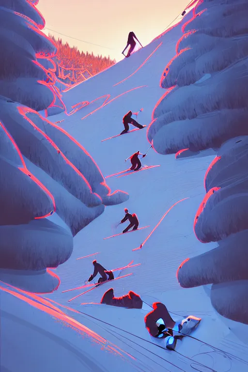 Image similar to by moebius and atey ghailan | the bottom of a ski slope with a huge pile of tangled up skiers |