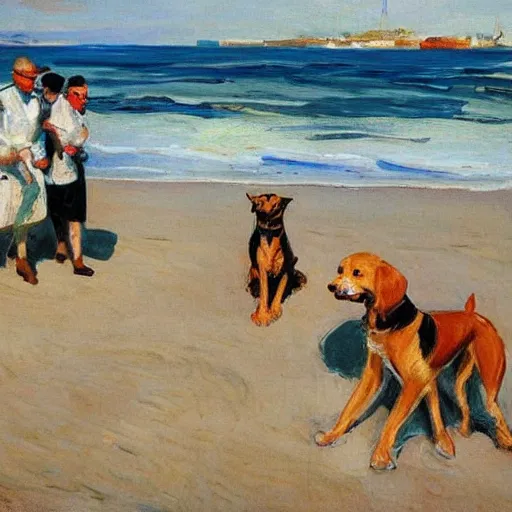 Image similar to dogs on the beach painted by sorolla