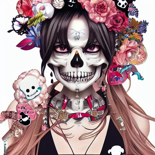 Image similar to anime manga skull portrait young woman skeleton, bikini, hello kitty, Disney , highly detailed, digital art, art by JC Leyendecker and sachin teng