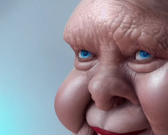 Image similar to of a very beautiful scene. ambient occlusion render. a sweet fat old woman is giving birth to her self as a sweet baby. hyper realistic. 4 k. wide angle. wild. symmetrical face, red mouth, blue eyes. deep focus, lovely scene. ambient occlusion render. concept art. unreal engine.