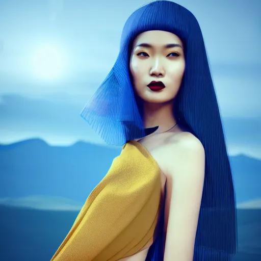 Image similar to innovative avant-garde art, deco fashion, asian women, wearing blue, highly detailed, photorealistic portrait, serene desert setting, golden hour, crisp quality and light reflections, unreal engine 5 quality render